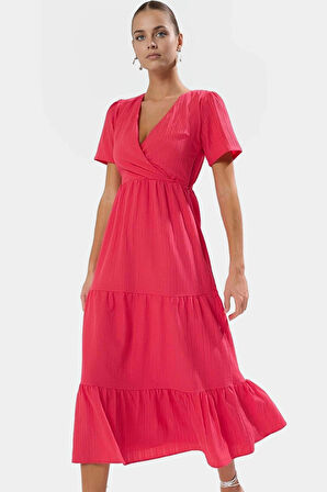 Maxi Dokuma Elbise V Yaka Skater Kalıp Günlük Yazlık Kıyafet Kaliteli İşçilik Modern Stil