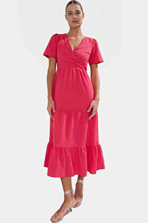 Maxi Dokuma Elbise V Yaka Skater Kalıp Günlük Yazlık Kıyafet Kaliteli İşçilik Modern Stil