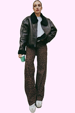 Kadın Yüksek Bel Geniş Paça Leopar Desenli Jean Pantolon Pamuk Günlük Kombinler Hafta Sonu