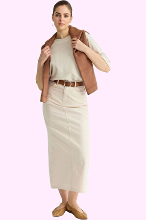 Kadın Kalem Siluet Midi Boy Gabardin Dokuma Etek Pamuklu Günlük Şıklık Yaz Aylarının Vazgeçilmezi