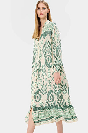 Yazlık Desenli Midi Elbise Shally Dokuma  Polyester Rahat Günlük Premium Kalite