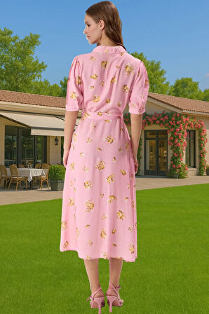 Kadın Midi Boy Gömlek Elbise Animal Desenli Viskoz Kumaş Günlük Stil Modern Stil