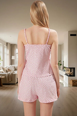 Kadın Pamuklu Kalpli Desenli İnce Askılı Pijama Takımı Özenle Seçilmiş Kaliteli İşçilik Şık Görünüm