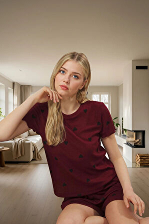 Kadın Kalpli Pijama Takımı Kısa Kollu Regular Kalıp Yazlık Rahat Özenle Seçilmiş