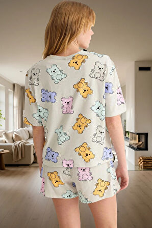 Kadın Ayıcıklı Pamuklu Pijama Takımı Renk Rahat Kalıp Yazlık Trend Tasarım Profesyonel Görünüm