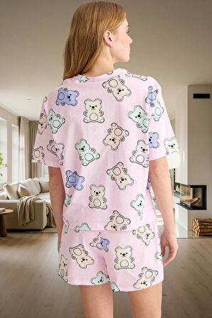 Kadın Ayıcıklı Pamuklu Pijama Takımı Renk Rahat Kalıp Yazlık Trend Tasarım Profesyonel Görünüm