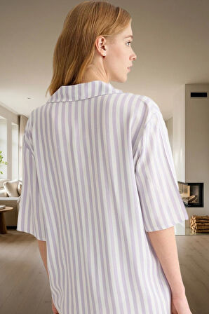 Kadın Şık Çizgili Viskon Pijama Takımı Rahat Ev Giyim Seti Görünüm Konforlu Kesim