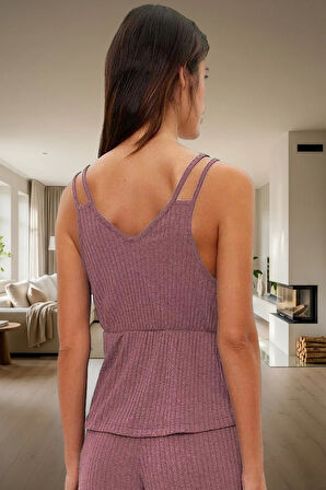 Kadın İnce Askılı Örme Pijama Takımı Rahat Ev Giyim Seti Şık Görünüm Günlük Kullanım İçin