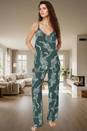 Kadın V Yaka İnce Askılı Kaplan Desenli Viskoz Pijama Takımı Modern Stil Şık Görünüm Seçkin Malzeme