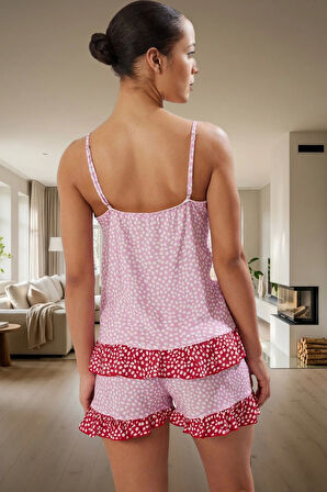 Kadın Viskon Şortlu Pijama Takımı Puantiyeli Desen V Yaka Regular Kalıp Yazlık Özenle Seçilmiş