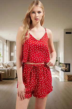 Kadın Viskon Pijama Takımı Puantiyeli Desenli İnce Askılı Rahat Yazlık Uzun Ömürlü