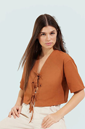 Kadın Terrycotton Kumaş Crop Bluz V Yaka Bağcıklı Günlük Stil Konforlu Kesim Uzun Ömürlü