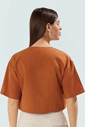 Kadın Terrycotton Kumaş Crop Bluz V Yaka Bağcıklı Günlük Stil Konforlu Kesim Uzun Ömürlü