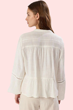 Kadın V Yaka Dokulu Kumaş Uzun Kollu Gömlek Günlük Stil Hafta Sonu Yaz Aylarının Vazgeçilmezi