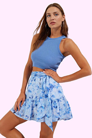 Kadın Çiçek Desenli Mini Etek Fırfırlı Detay Pamuklu Yazlık Günlük Yaz Aylarının Vazgeçilmezi