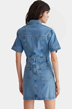 Denim Gömlek Elbise Kısa Kollu Midi Boy Pamuk Casual Mükemmel Uyum Konforlu Kesim Seçkin Malzeme