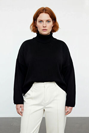 Kadın Balıkçı Yaka Düşük Kollu Akrilik Triko Kazak Kış Günleri İçin Rahat Geniş Kalıp Kaliteli