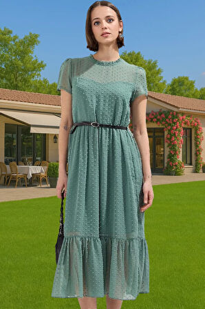 Kadın A Kesim Midi Şifon Elbise Kemerli Astarlı Yazlık Ofis Rahat Kullanım Dayanıklı Malzeme