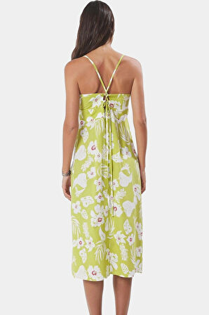 Çiçek Desenli A line Midi Elbise Yazlık Dokuma Kumaş Günlük Kullanım İçin Rahat