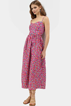 Yazlık Çiçekli Desenli Midi Elbise Rahat Kalıp Pamuklu Kumaş Günlük Kullanım Zarifane Tasarım