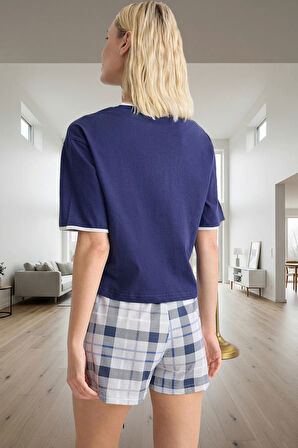 Kadın Pamuklu Ekose Pijama Takımı Rahat Homewear Yazlık Kısa Kol Kaliteli İşçilik Uzun Ömürlü