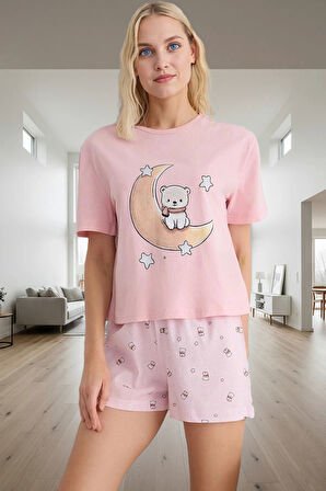 Kadın Ayıcıklı Desenli Pamuklu Kısa Kollu Pijama Takımı Trend Tasarım Rahat Kullanım Modern Stil
