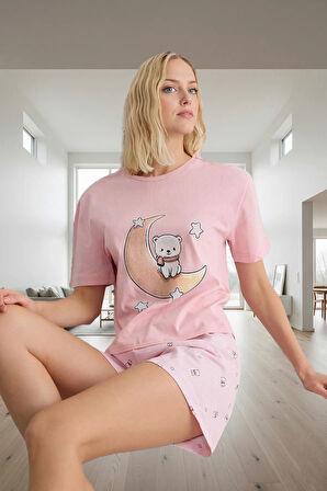 Kadın Ayıcıklı Desenli Pamuklu Kısa Kollu Pijama Takımı Trend Tasarım Rahat Kullanım Modern Stil