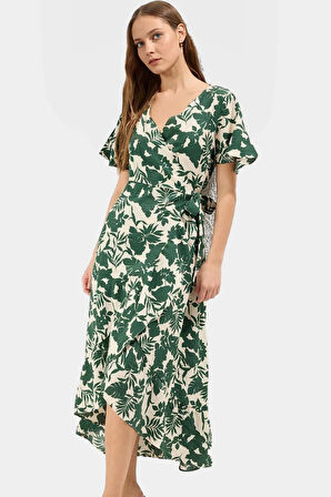 Şal Desenli Midi Boy Kruvaze Viskoz Elbise Yazlık Rahat Günlük Stil Trend Tasarım Ve Şık