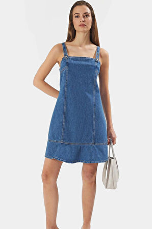 Mini Denim Elbise Kare Yaka Yazlık Rahat Pamuklu Günlük Stil Kaliteli İşçilik Mükemmel Uyum