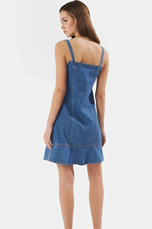 Mini Denim Elbise Kare Yaka Yazlık Rahat Pamuklu Günlük Stil Kaliteli İşçilik Mükemmel Uyum