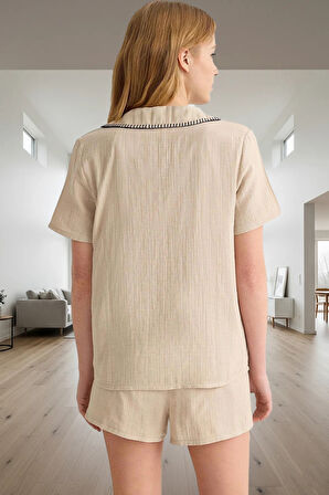 Kadın Rahat Pamuklu Pijama Takımı Karyoka Dikişli Müslin Dokuma Şortlu Özel Tasarım Profesyonel Görünüm