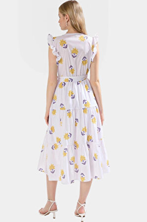 Yazlık Çiçek Desenli Midi Elbise Pamuklu Terrycotton Kumaş Rahat Günlük Stil Şık Görünüm