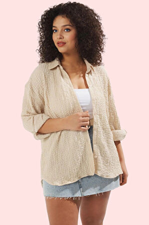 Kadın Regular Fit Büyük Beden Gömlek Yaka Dokulu Örme Kumaş Günlük Kullanım Modern Tasarım