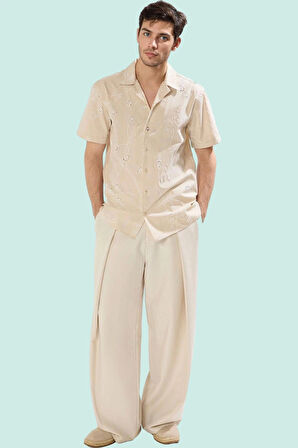 Erkek Kısa Kollu Apaş Yaka Çiçekli Desenli Brode Gömlek Pamuk Günlük Kullanım Modern Tasarım