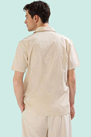 Erkek Kısa Kollu Apaş Yaka Çiçekli Desenli Brode Gömlek Pamuk Günlük Kullanım Modern Tasarım