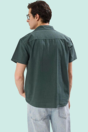Erkek Keten Görünümlü Apaş Yaka Kısa Kollu Pamuklu Gömlek Rahat Günlük Stil Modern Tasarım