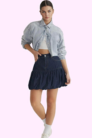 Kadın Balon Denim Mini Etek Pamuk Yaz Aylarının Vazgeçilmezi Günlük Kullanım Modern Tasarım