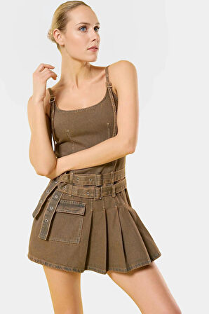 Kadın Denim Pileli Mini Elbise Havuz Yaka Yazlık Şık Tasarım Profesyonel Görünüm Yüksek Kalite