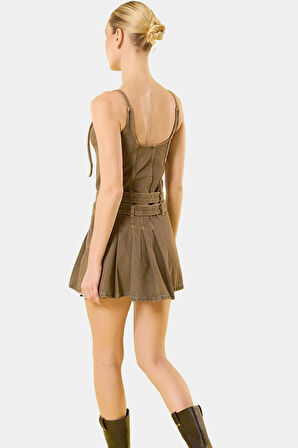 Kadın Denim Pileli Mini Elbise Havuz Yaka Yazlık Şık Tasarım Profesyonel Görünüm Yüksek Kalite