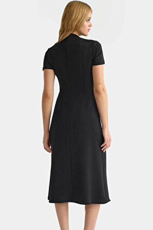 Zarif A line Midi Dokuma Elbise Polyester Karışımlı Kemersiz Günlük Kaliteli İşçilik