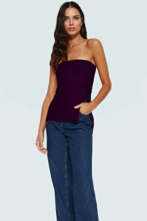 Straplez Yandan Fermuarlı Krep Örme Bluz Modern Stil Trend Tasarım Yüksek Kalite