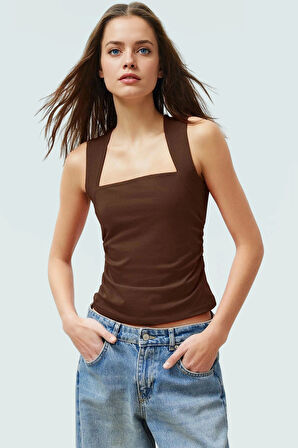 Kadın Fitted Büzgülü Örme Bluz Kare Yaka Günlük Mükemmel Uyum Özel Tasarım