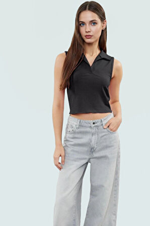 Kadın Polo Yaka Crop Örme Bluz Yazlık Rahat Kombin Trend Tasarım Uzun Ömürlü Kaliteli İşçilik