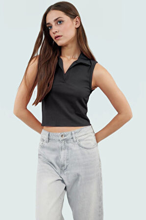 Kadın Polo Yaka Crop Örme Bluz Yazlık Rahat Kombin Trend Tasarım Uzun Ömürlü Kaliteli İşçilik