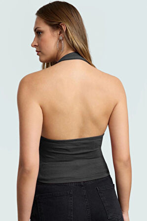 Yazlık Kadın Crop Bluz Viskon Ribana Kumaş Boyundan Bağlamalı Yaka Şık Görünüm