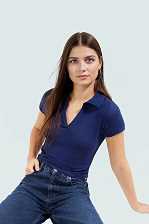 Kısa Kollu Fitted Polo Yaka Viskoz Örme Bluz Uzun Ömürlü Rahat Kullanım Dayanıklı Malzeme