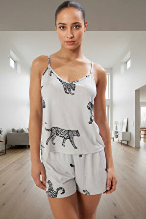 Kadın Hayvan Desenli İnce Askılı Pijama Takımı Rahat Örme Kumaştan Özel Tasarım