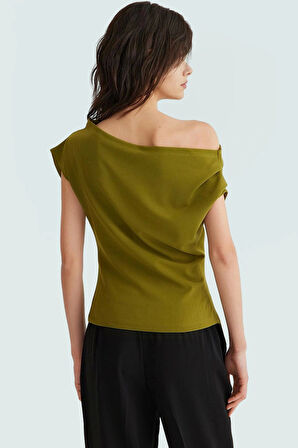 Kadın Asimetrik Yaka Kısa Kollu Örme Bluz Günlük Şık Tarz Rahat Kullanım Zarifane Tasarım