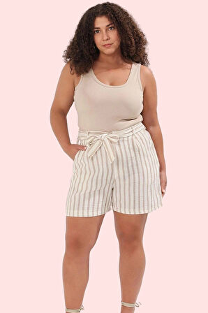 Kadın Büyük Beden Keten Görünümlü Çizgili Şort Yüksek Bel Pamuk Günlük Yaz Aylarının Vazgeçilmezi