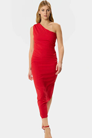 Tek Omuz Midi Boy Bodycon Soft Krep Polyester Elbise Dayanıklı Malzeme Rahat Kullanım